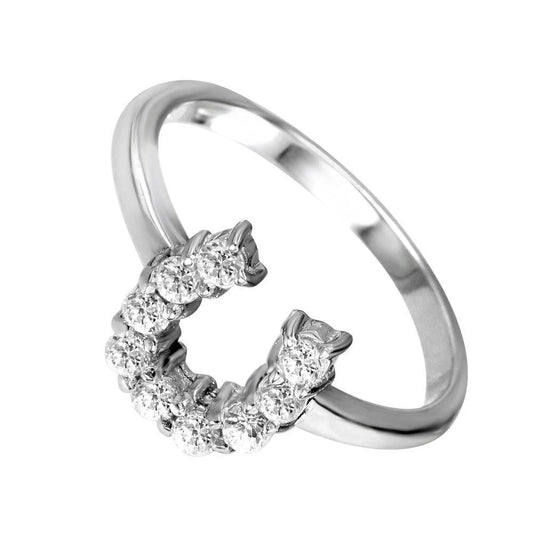 925 Sterling Silver Rhodium Plated Lucky Horseshoe CZ Ring