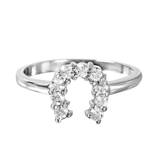 925 Sterling Silver Rhodium Plated Lucky Horseshoe CZ Ring