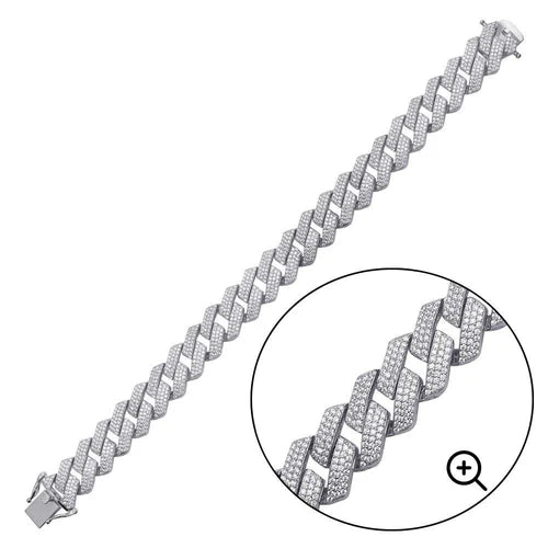 925 Sterling Silver Rhodium Plated CZ Encrusted Miami Cuban Link 13mm Chain or Bracelet