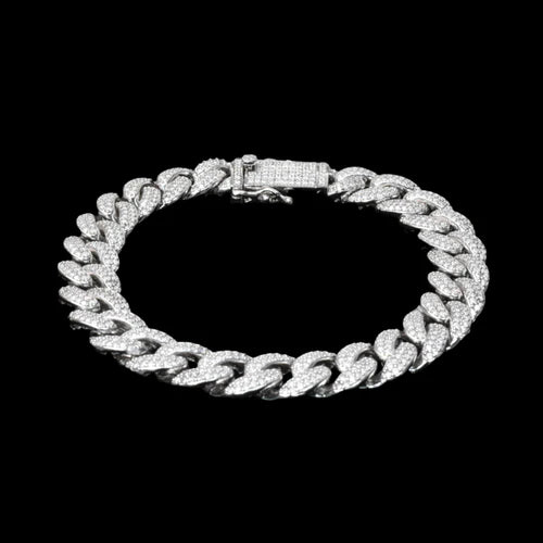925 Sterling Silver Rhodium Plated Moissanite Miami Cuban 9.5mm Bracelet or Necklace