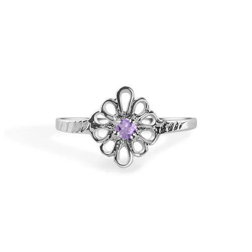 925 Sterling Silver Rhodium Plated Filigree Birthstone Ring