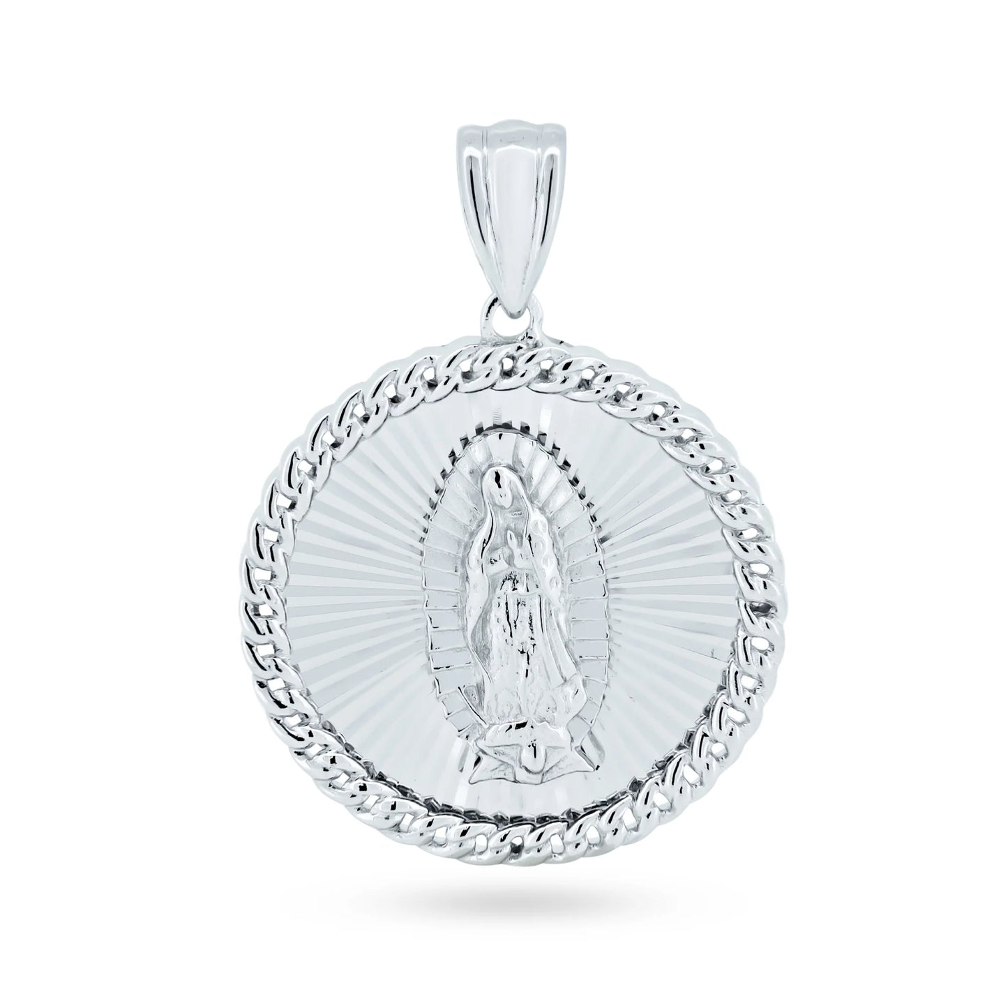 925 Sterling Silver Rhodium Plated CZ Lady of Guadalupe Medallion Pendant