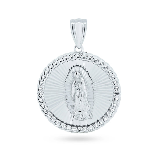 925 Sterling Silver Rhodium Plated CZ Lady of Guadalupe Medallion Pendant