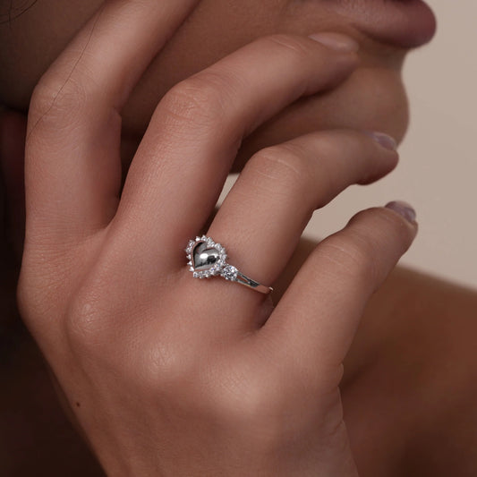 925 Sterling Silver Rhodium Plated Heart 9mm x 10mm Clear CZ Ring