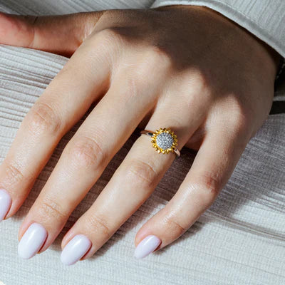 925 Sterling Silver Rhodium and Gold Plated Cubic Zirconia Sunflower Ring