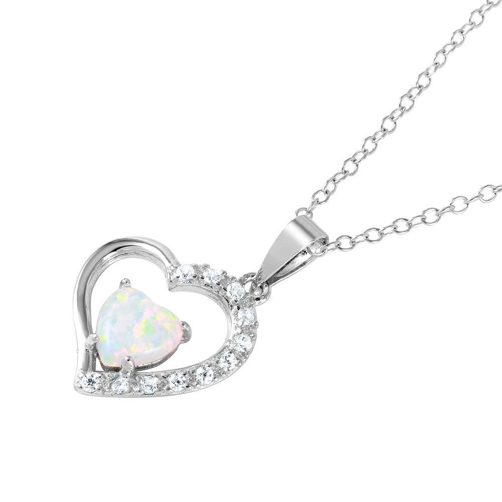 925 Sterling Silver Rhodium Plated CZ Open Heart with Heart-shaped Opal Necklace