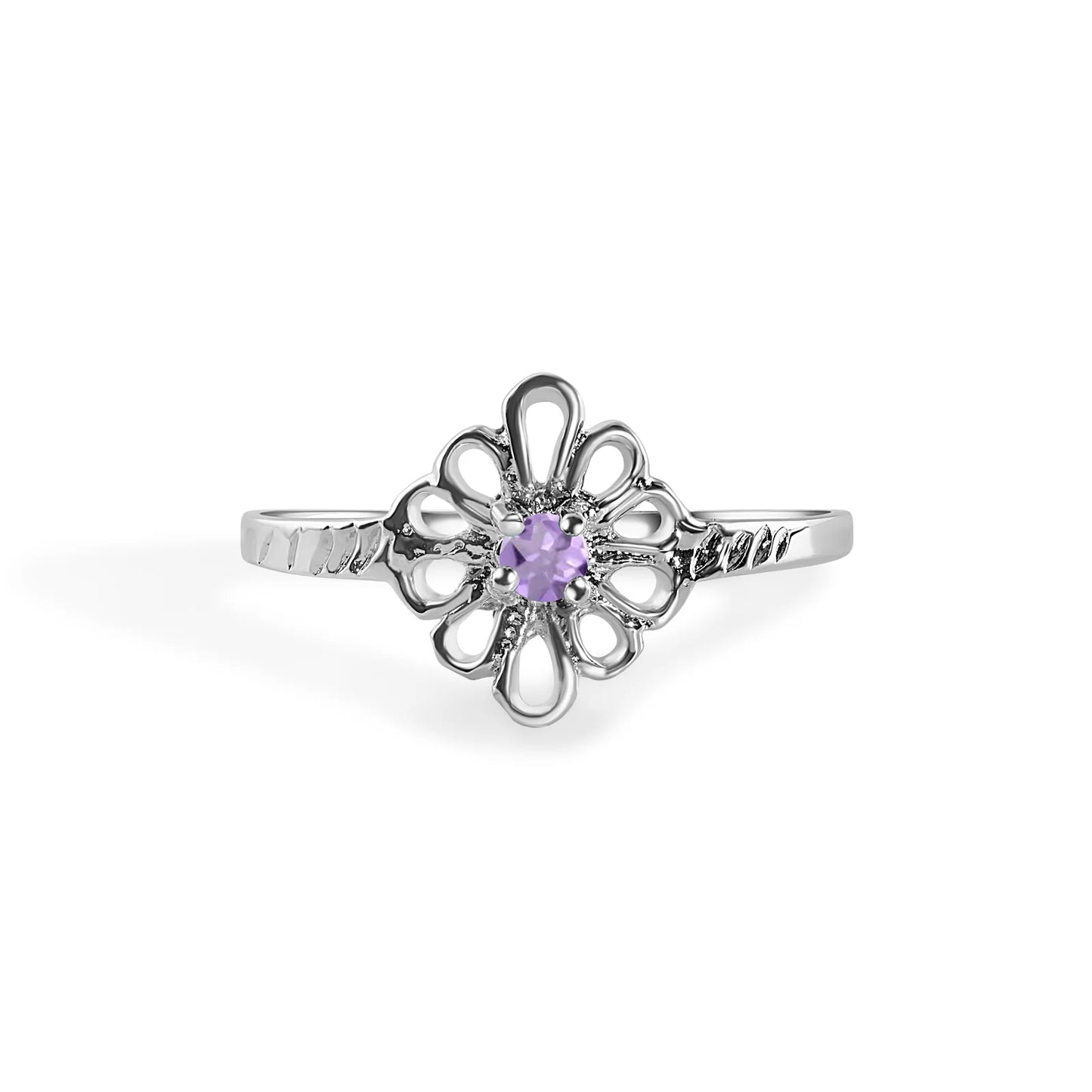 925 Sterling Silver Rhodium Plated Filigree Birthstone Ring