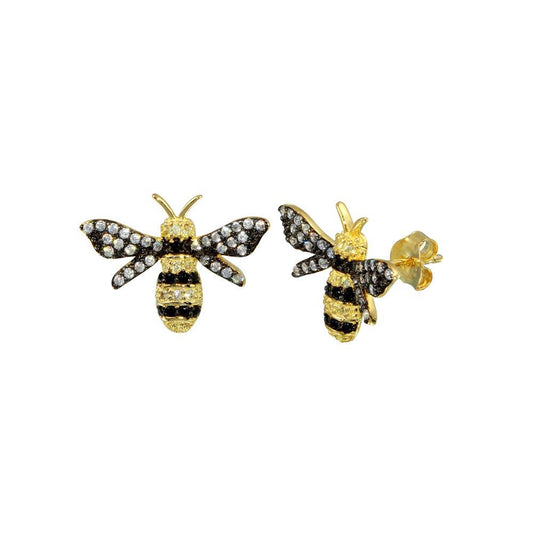 925 Sterling Silver Gold Plated CZ BumbleBee Stud Earring