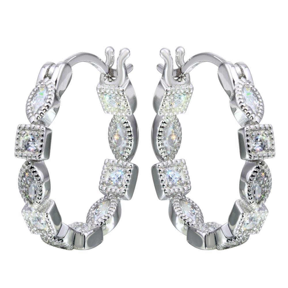 925 Sterling Silver Rhodium Plated Inner and Outer Clear CZ Hoop Earrings