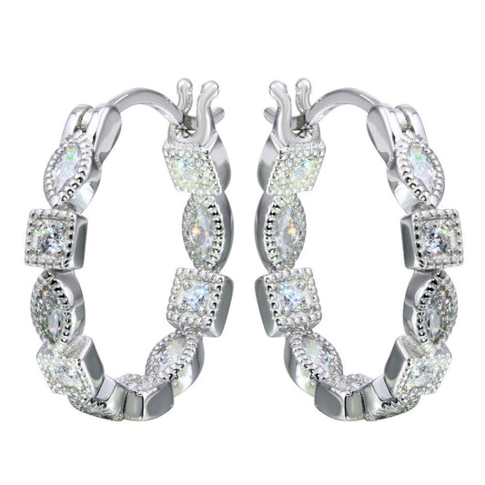 925 Sterling Silver Rhodium Plated Inner and Outer Clear CZ Hoop Earrings