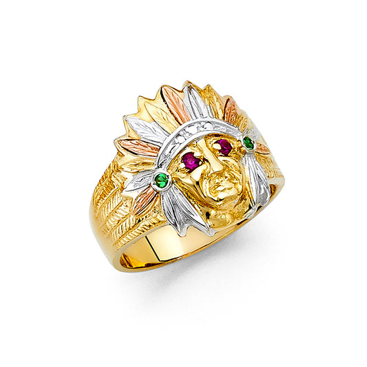 14K Tri-Color Gold Men’s Indian Chief Design Ring accented with Red and Green Cubic Zirconia.