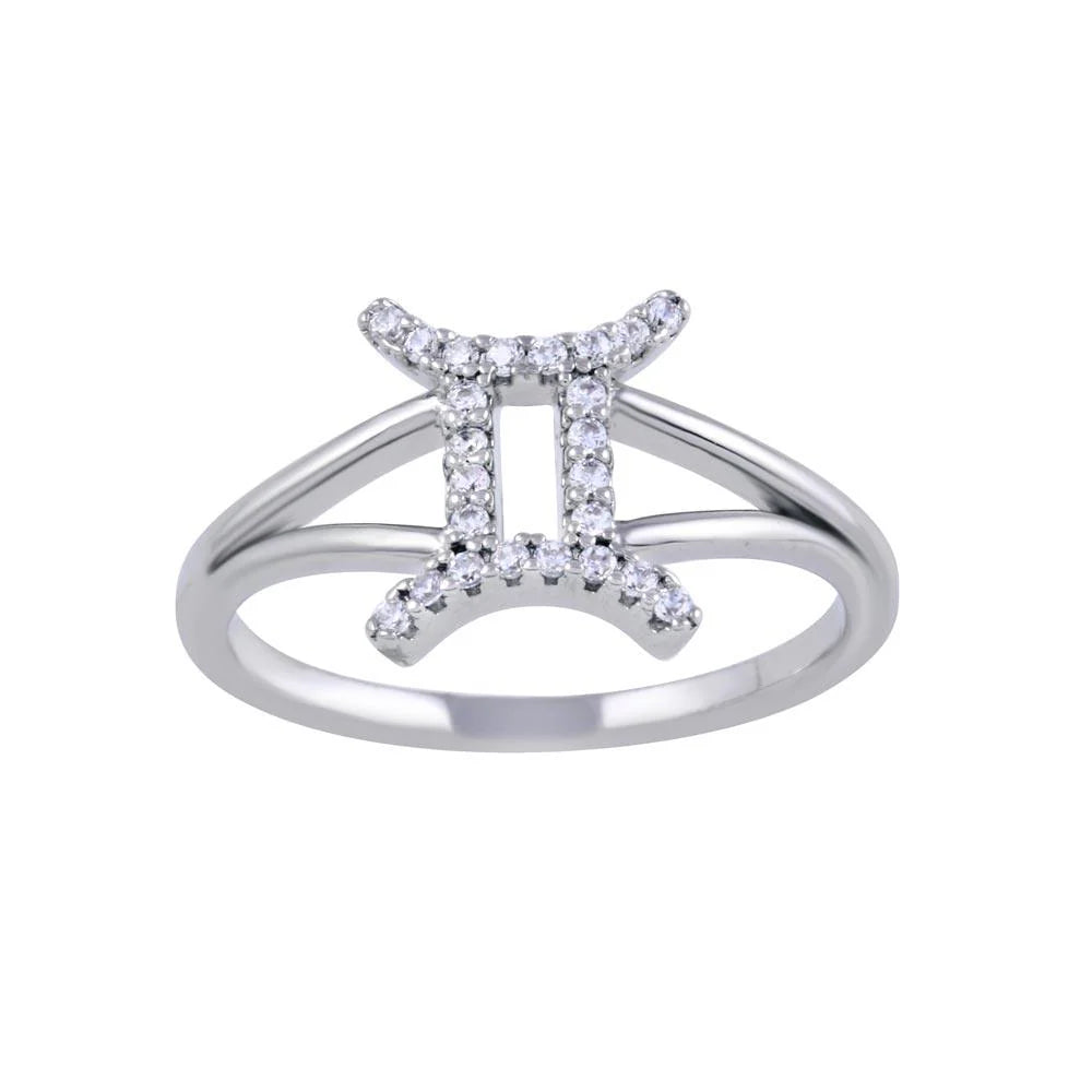 925 Sterling Silver Rhodium Plated Gemini CZ Zodiac Sign Ring