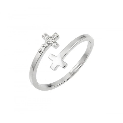 925 Sterling Silver Rhodium Plated CZ Double Cross Ring
