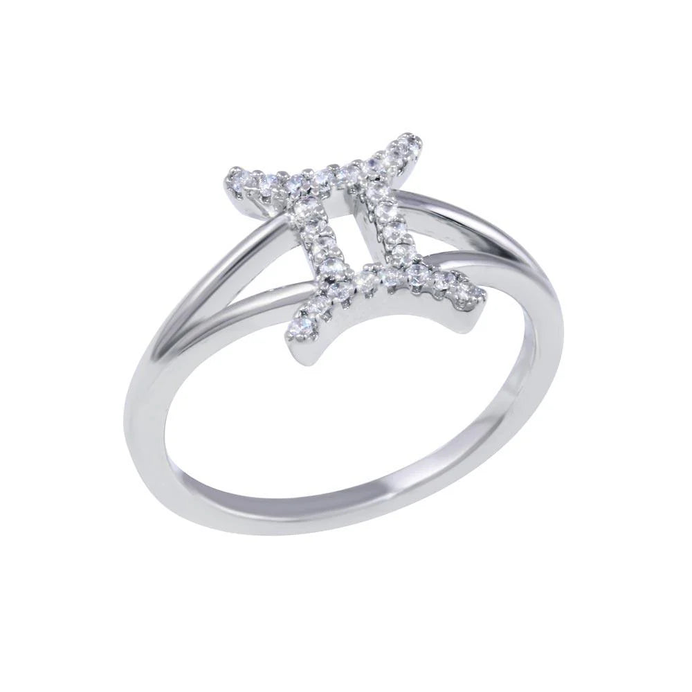 925 Sterling Silver Rhodium Plated Gemini CZ Zodiac Sign Ring
