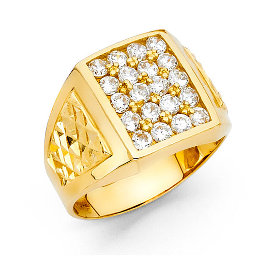 14K Yellow Gold Men’s Ring with Clustered Cubic Zirconia and Diamond-Cut Sides