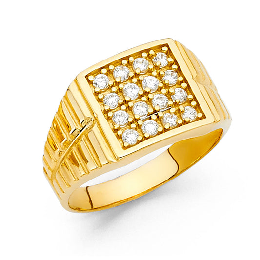 14K Yellow Gold Men’s Ring with Grid-Set Cubic Zirconia