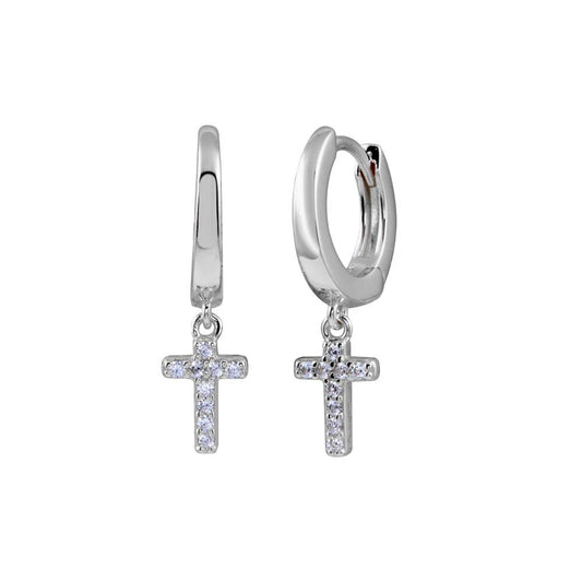 925 Sterling Silver Rhodium Plated CZ huggie hoop Cross Earring