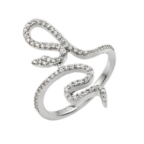 925 Sterling Silver Rhodium Plated Clear CZ Inlay Snake Wrap Ring