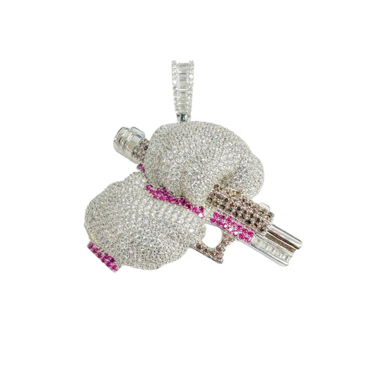 925 Sterling Silver Rhodium Plated Cocking Gun Clear Brown and Red CZ Pendant