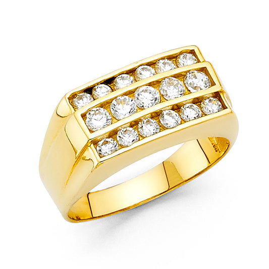 14K Yellow Gold Men’s Three-Row Cubic Zirconia Ring