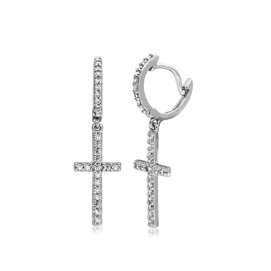 925 Sterling Silver Rhodium Plated Hanging CZ Cross huggie hoop Earrings