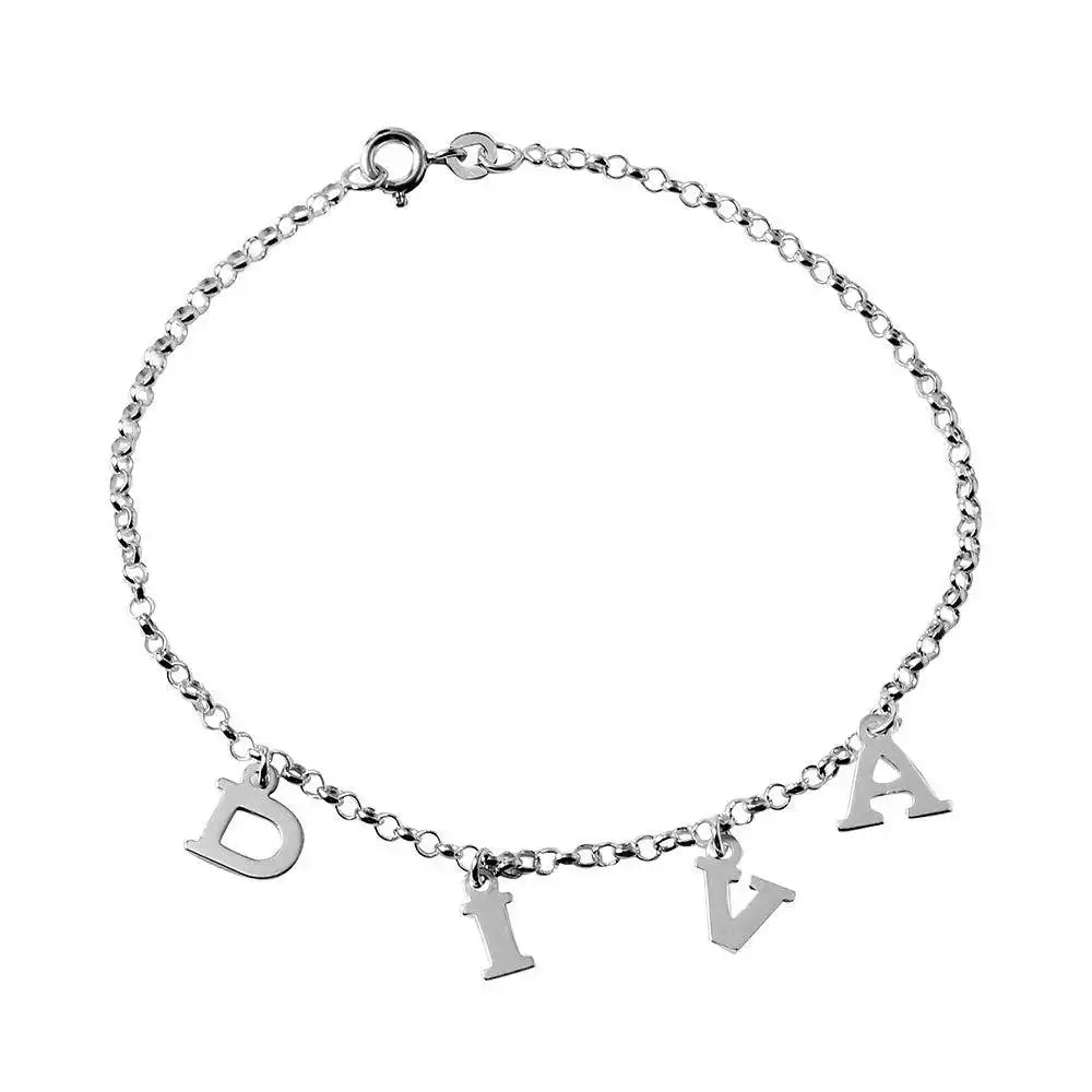 925 Sterling Silver DIVA Dangling Charm Link Anklet