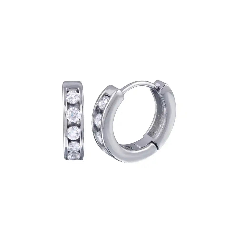 925 sterling Silver Rhodium Plated Channel Clear CZ huggie hoop Earrings