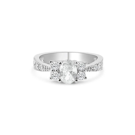 925 Sterling Silver Rhodium Plated Oval Center Pave Clear CZ Engagement Ring