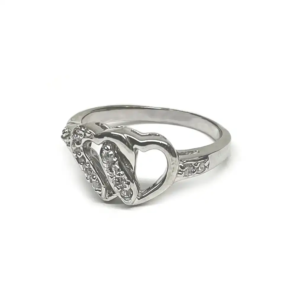 925 Sterling Silver Rhodium Plated Open Double Heart Clear CZ Ring