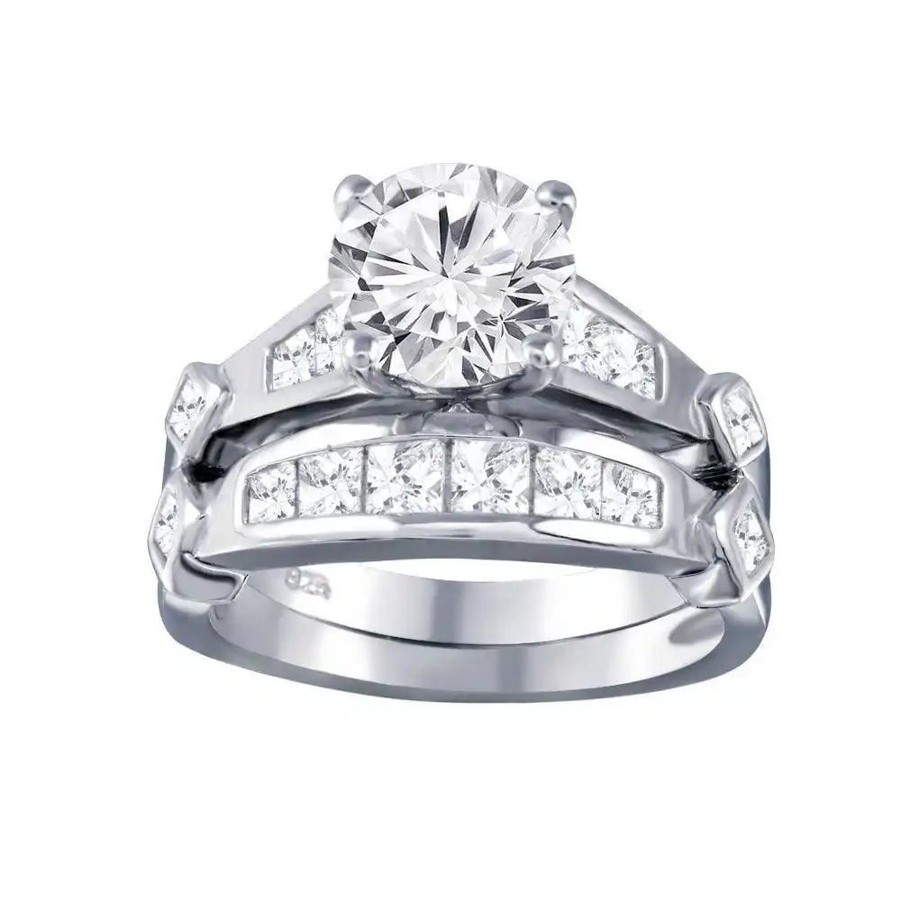 925 Sterling Silver Rhodium Plated Clear CZ Bridal Wedding Ring Set