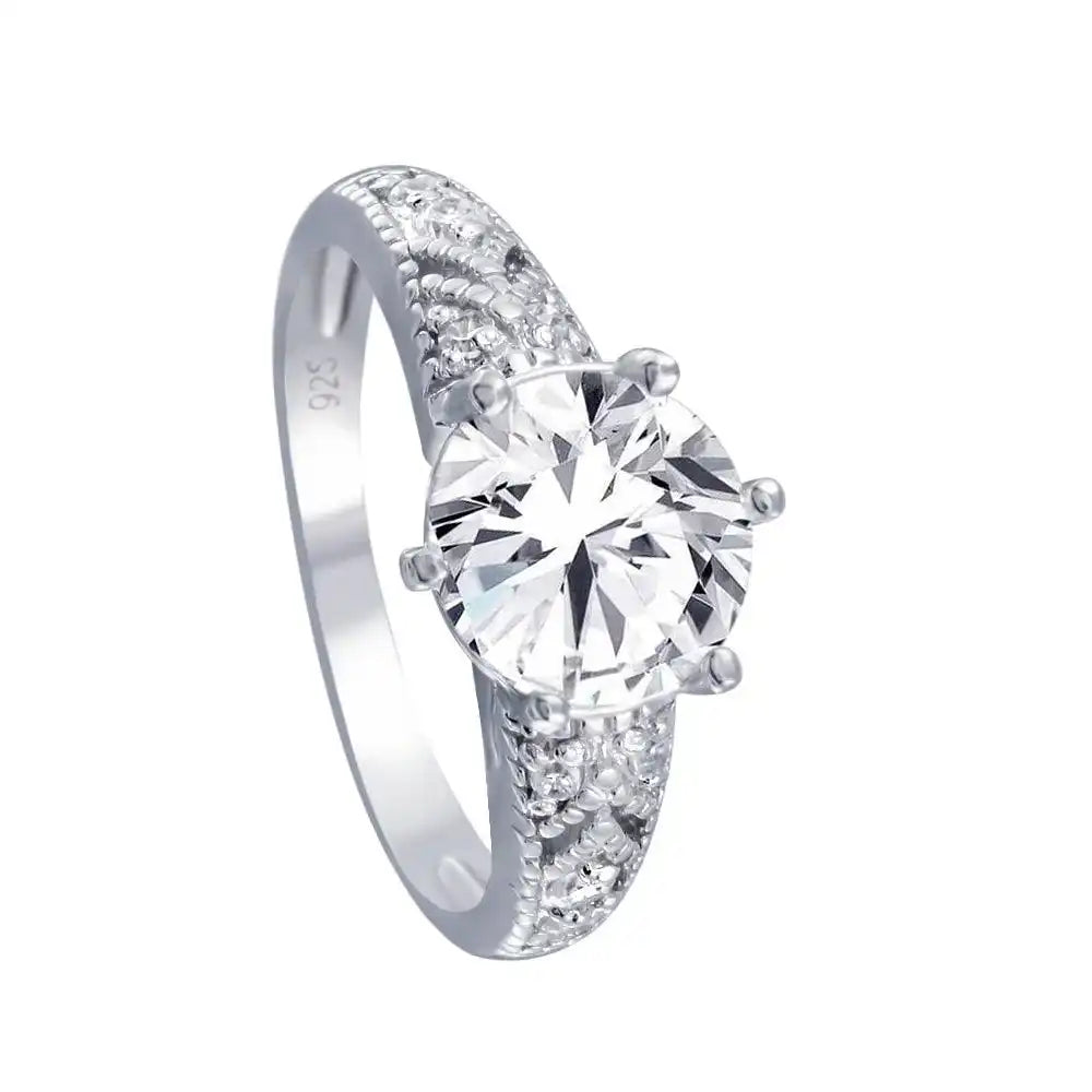 925 Sterling Silver Rhodium Plated Clear Pave CZ Solitaire Ring