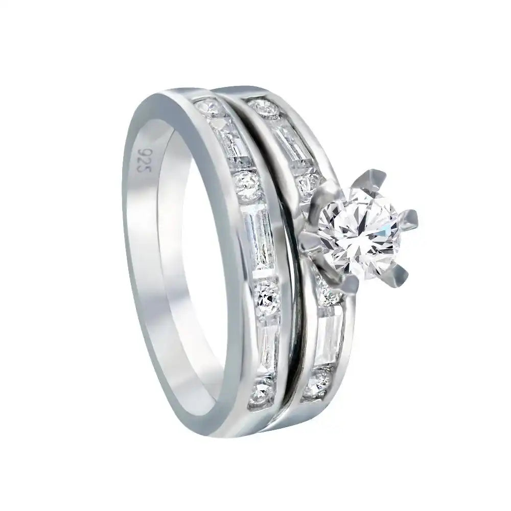 925 Sterling Silver Rhodium Plated Clear Round and Marquise CZ Engagement Bridal Ring Set