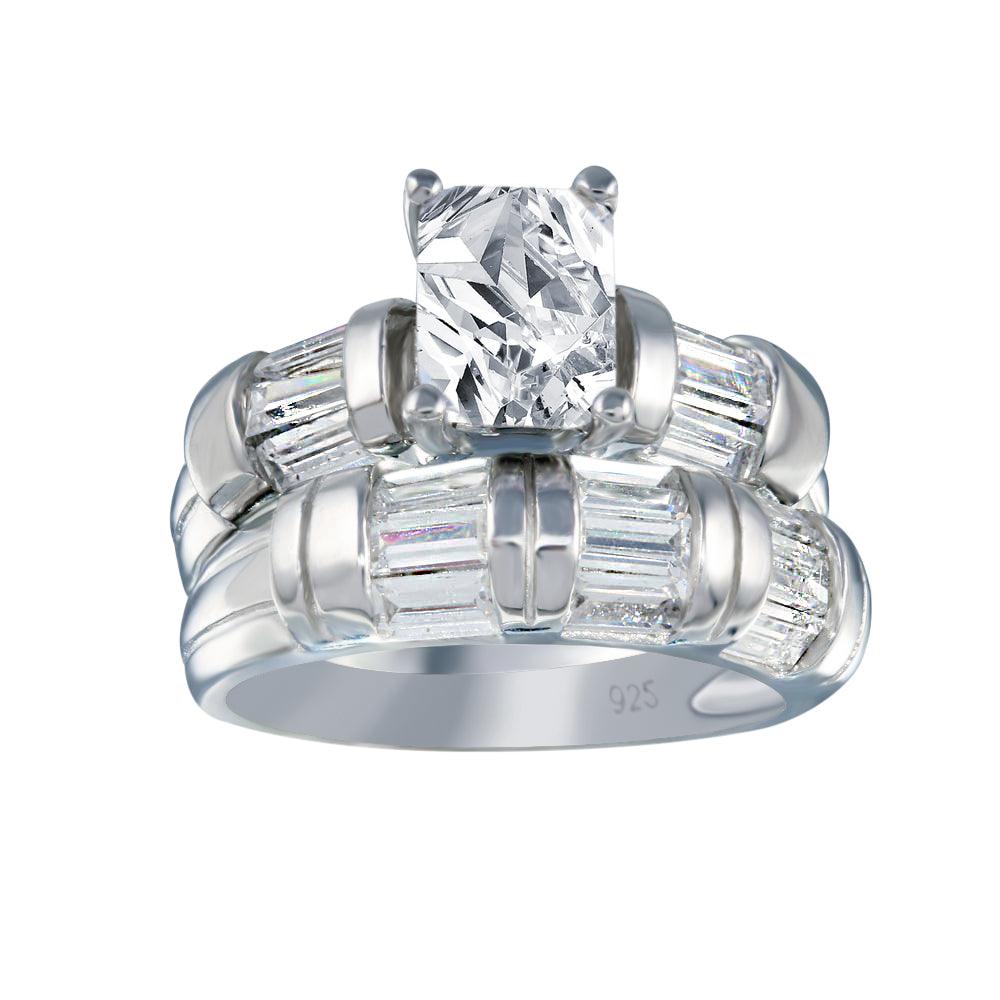 925 Silver Rhodium Plated Clear Rectangular Center Baguette CZ Engagement Ring Set