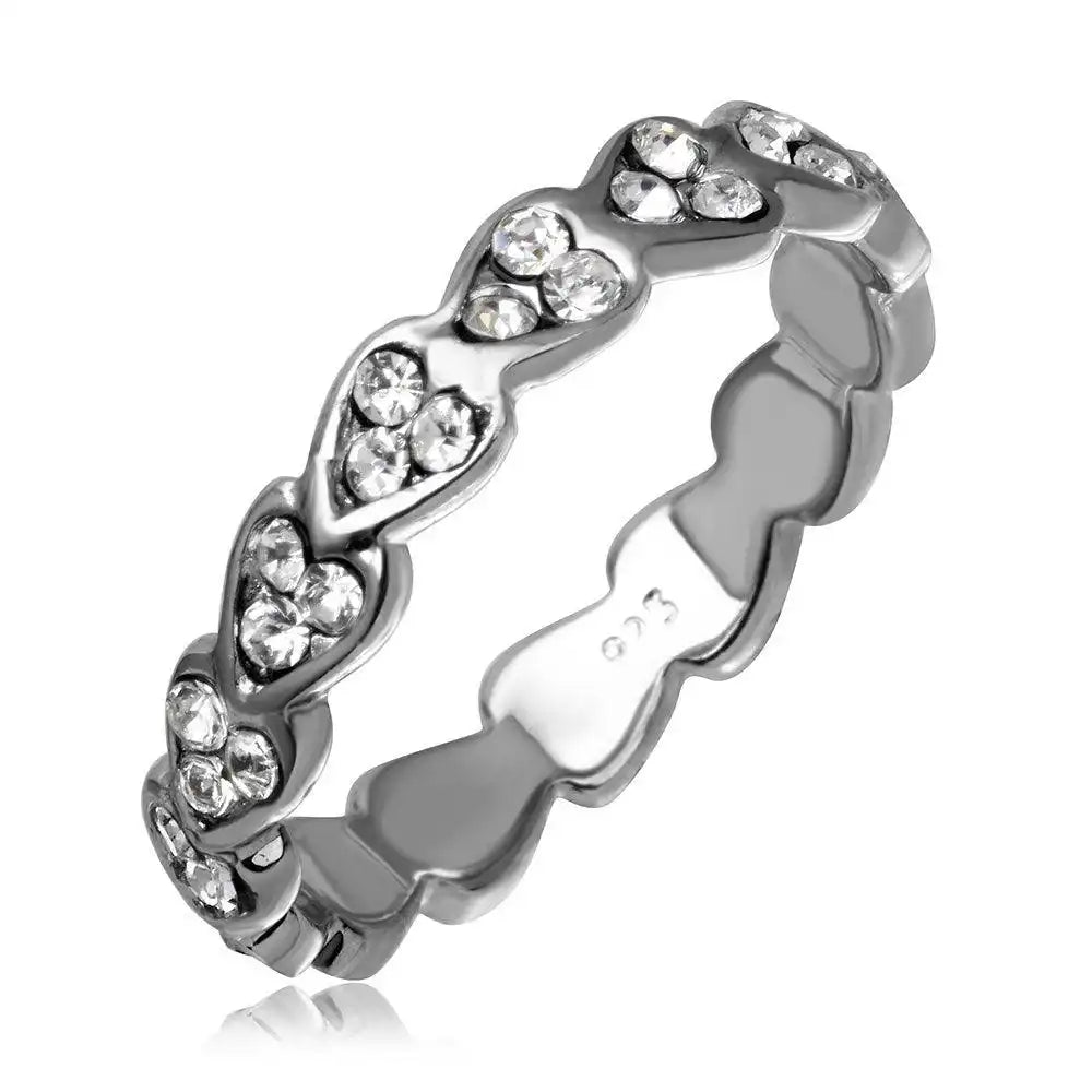 925 Sterling Silver Rhodium Plated Mini Heart Shaped Eternity Ring with CZ