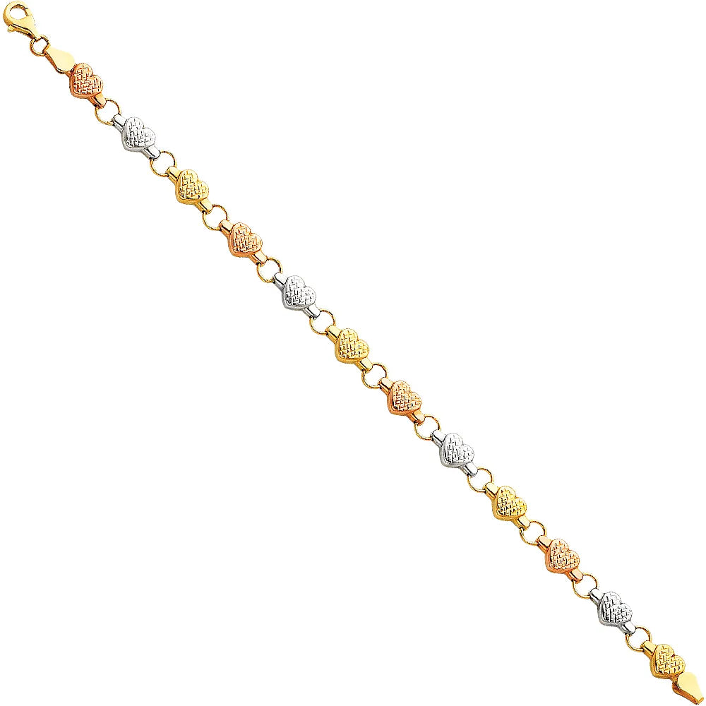 14K Tri-Color Gold Diamond Cut Heart Design Women's Bracelet size 7.25"
