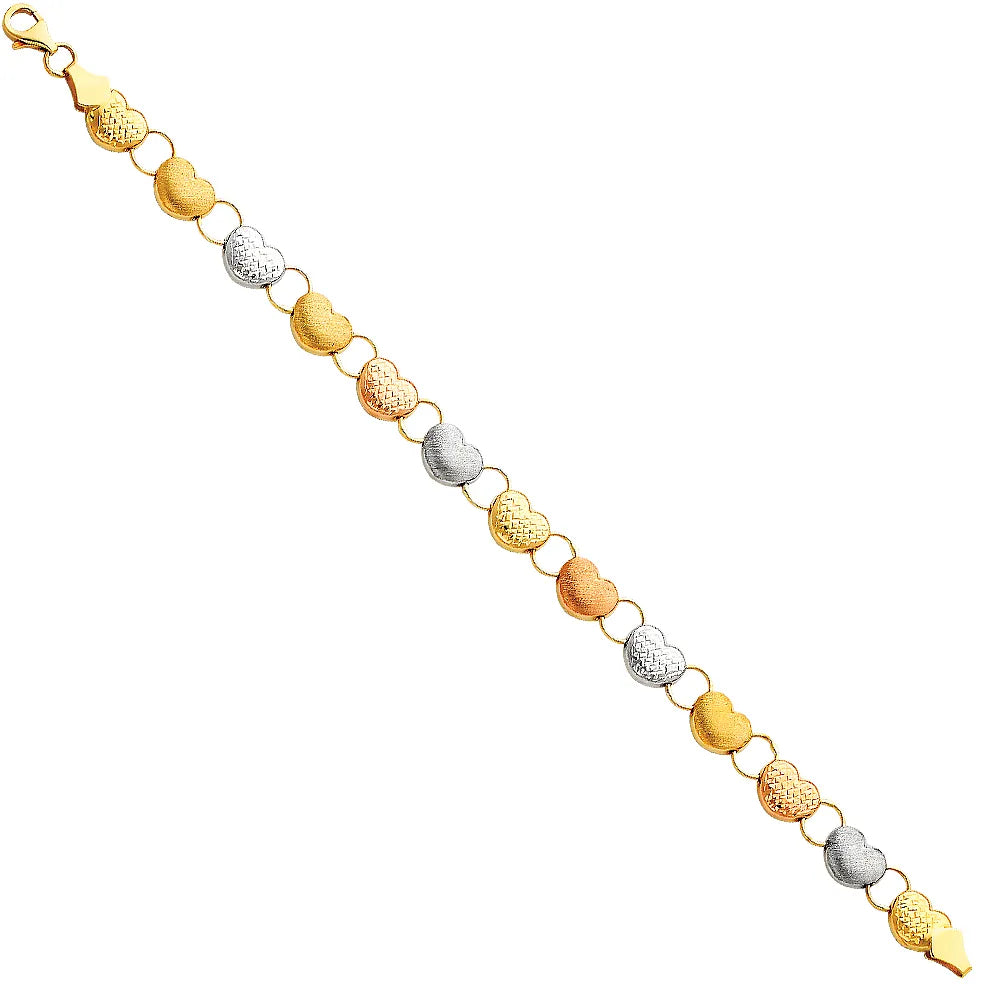 14K Tri-Color Gold Diamond Cut Heart Design Women's Bracelet size 7.25"