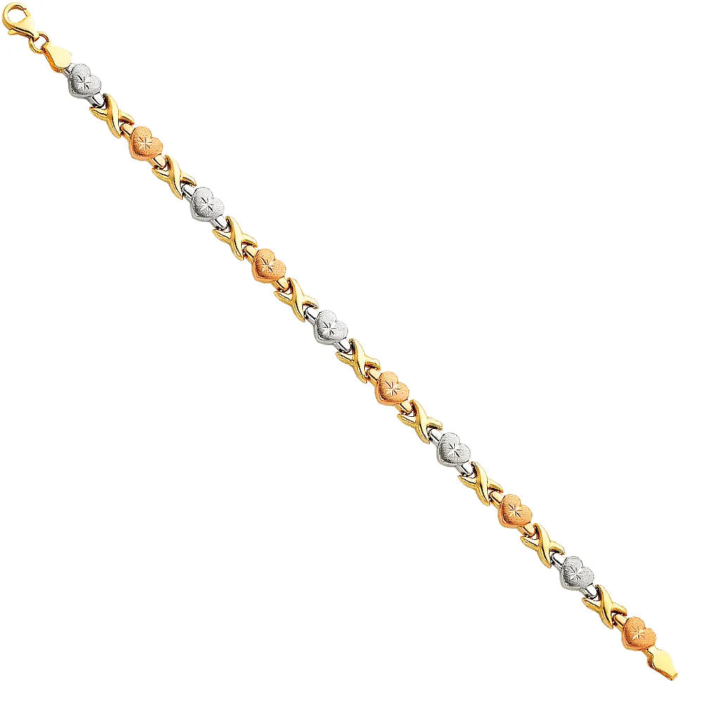 14K Tri-Color Gold Diamond Cut Heart and X Design Women's Bracelet ize 7.25"
