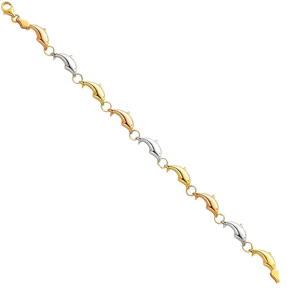 14K Tri-Color Gold Dolphin Design Women's Bracelet size 7.5"