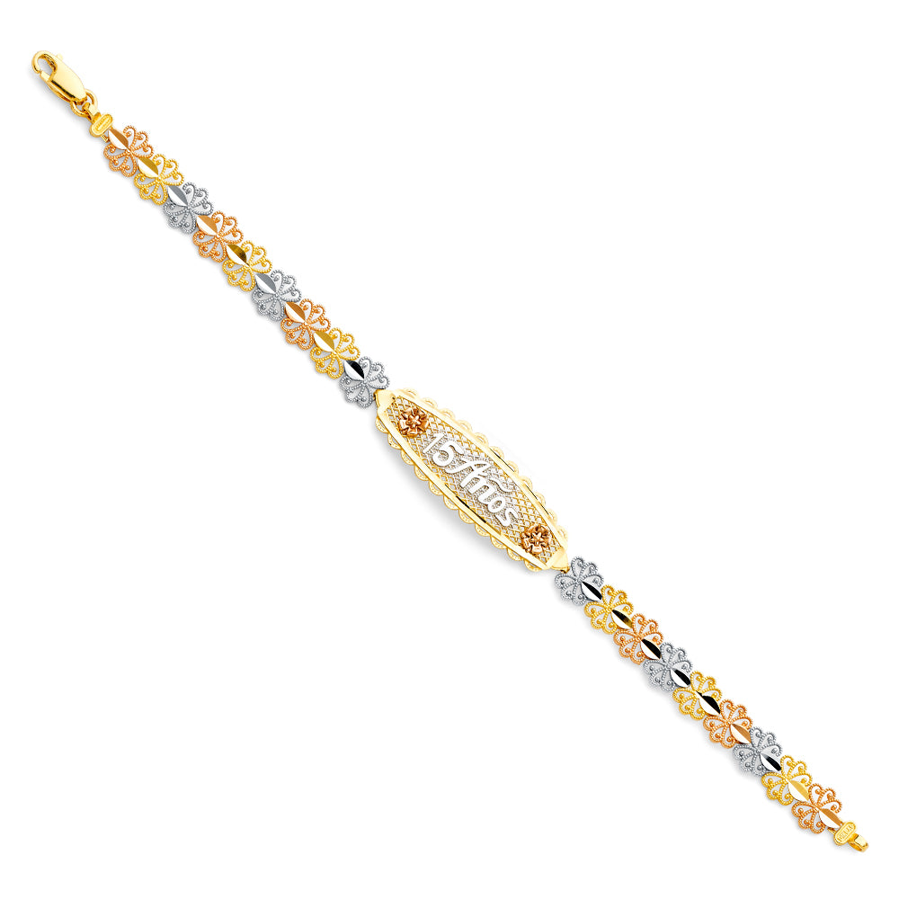 14K Tri-Color Gold 15 Años Bracelet with Flower Accents