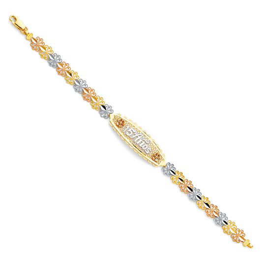 14K Tri-Color Gold 15 Años Bracelet with Flower Accents