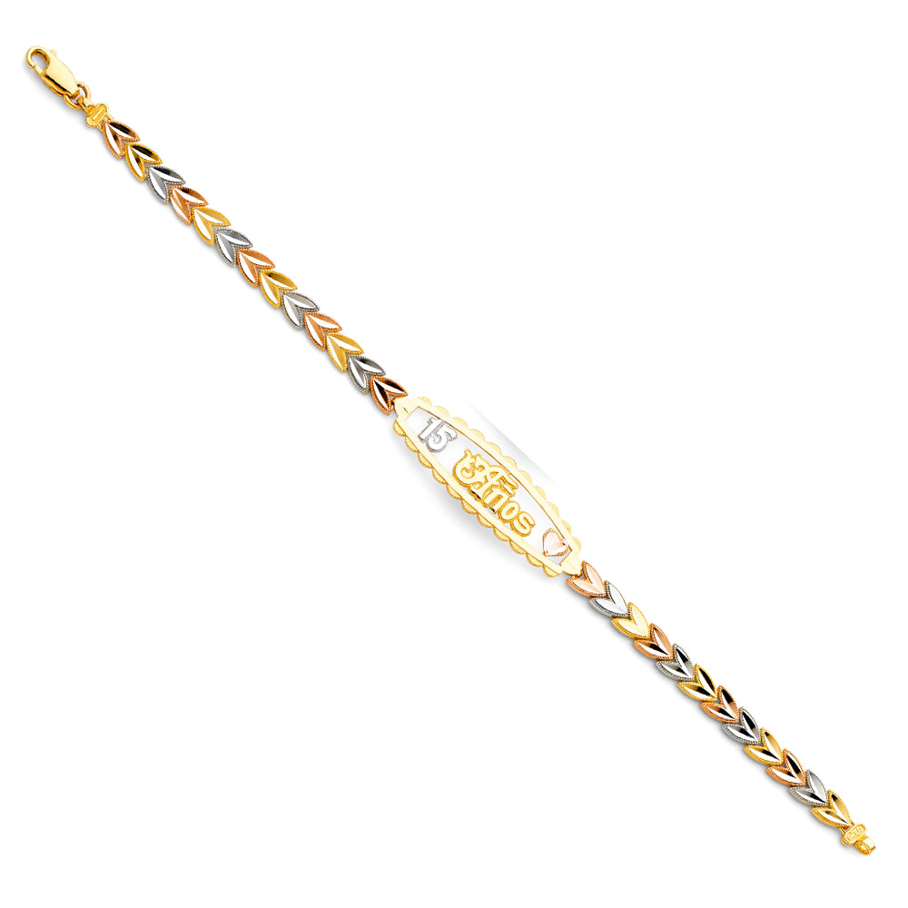 14K Tri-Color Gold 15 Años Bracelet with Leaf Link Design
