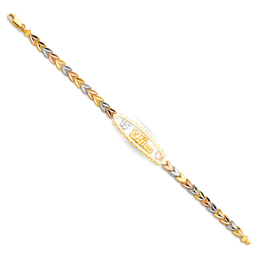 14K Tri-Color Gold 15 Años Bracelet with Leaf Link Design