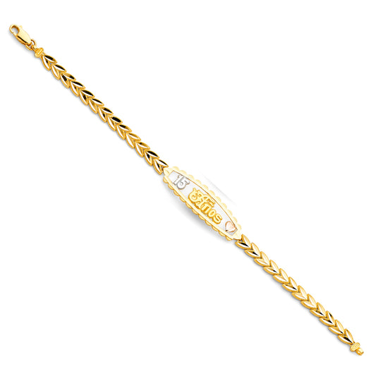 14K Two-Tone Gold 15 Años Bracelet with Leaf Link Design