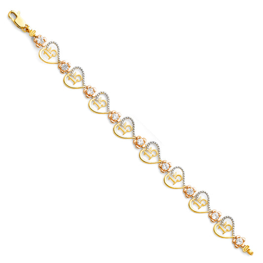 14K Tri-Color Gold Quinceañera Heart & Flower Bracelet with CZ Accents