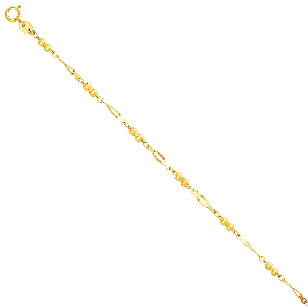 14K Yellow Gold Polished Bead and Oval Link Anklet
