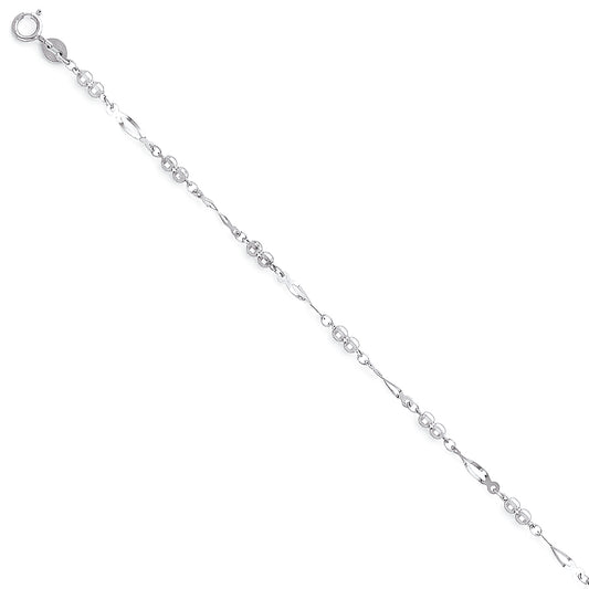 14K White Gold Polished Bead and Oval Link Anklet