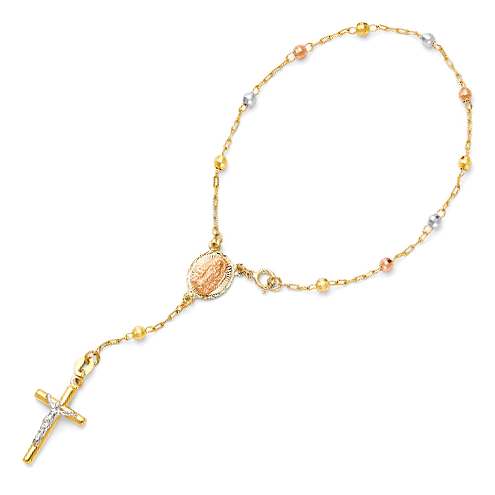 3.0mm 14K Tri-Color Gold Mirrorball DC Rosary Bracelet with Virgin Guadalupe Medallion 7.25 in