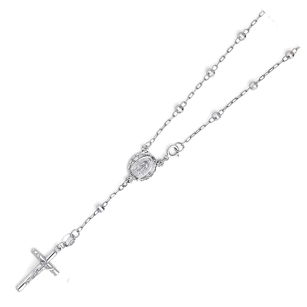 3.0mm 14K White Gold Mirrorball DC Rosary Bracelet with Miraculous Virgin Medallion 7.25 in