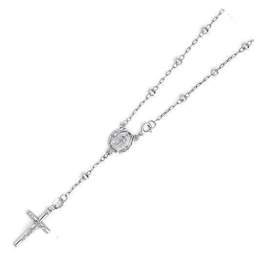 3.0mm 14K White Gold Mirrorball DC Rosary Bracelet with Miraculous Virgin Medallion 7.25 in
