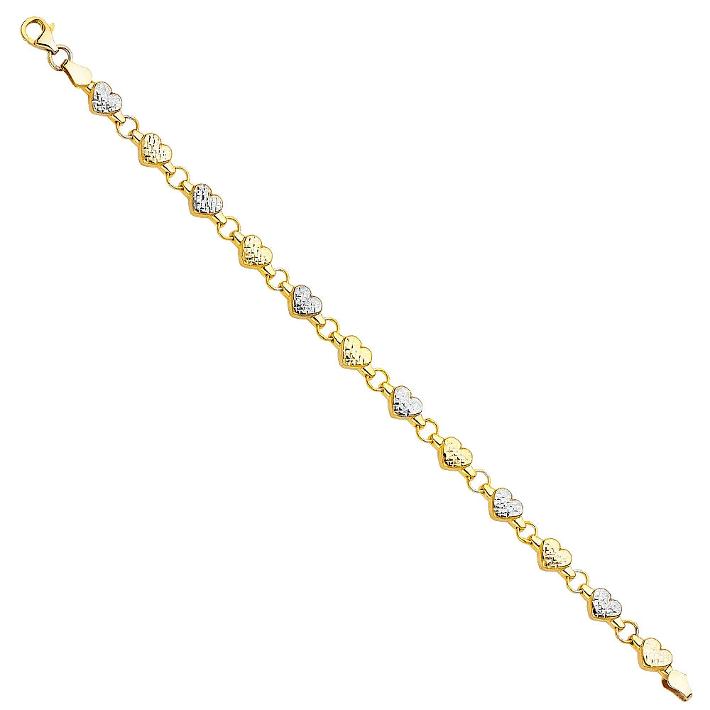 14K Two-Tone Gold Diamond Cut Heart Design Women's Bracelet size 7.25"
